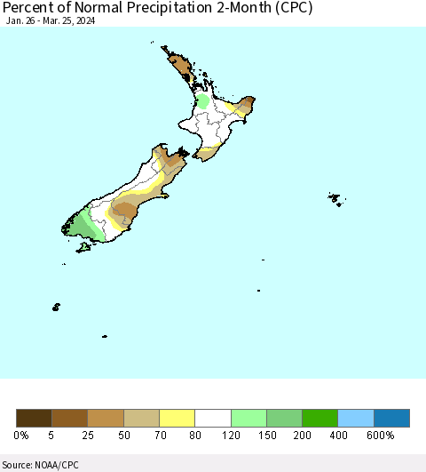 New Zealand Percent of Normal Precipitation 2-Month (CPC) Thematic Map For 1/26/2024 - 3/25/2024