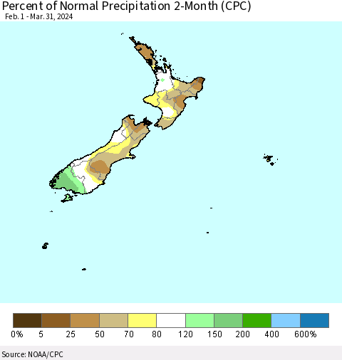 New Zealand Percent of Normal Precipitation 2-Month (CPC) Thematic Map For 2/1/2024 - 3/31/2024