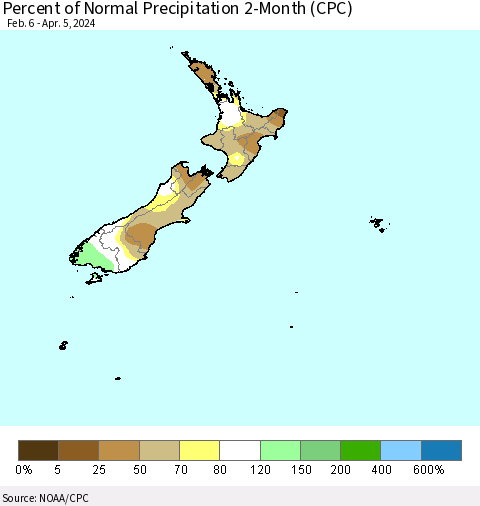 New Zealand Percent of Normal Precipitation 2-Month (CPC) Thematic Map For 2/6/2024 - 4/5/2024