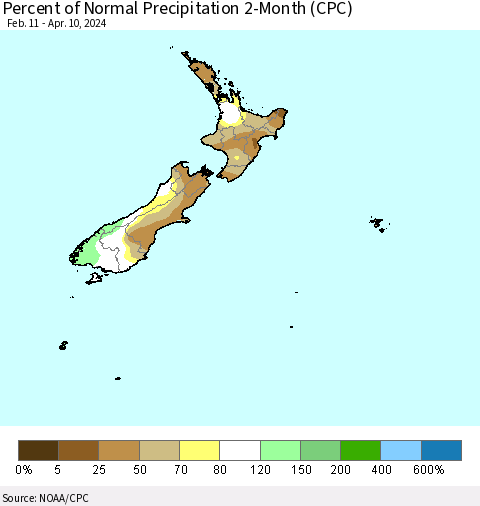 New Zealand Percent of Normal Precipitation 2-Month (CPC) Thematic Map For 2/11/2024 - 4/10/2024