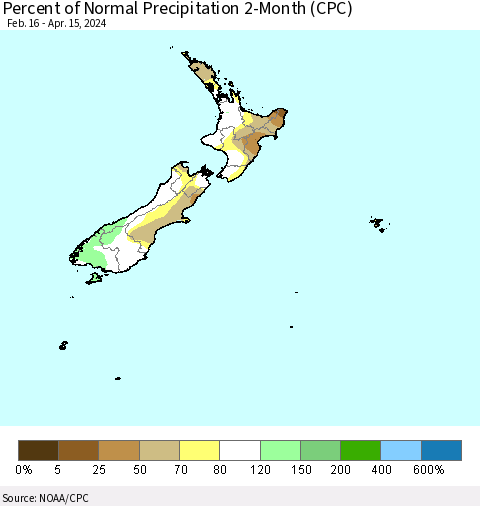 New Zealand Percent of Normal Precipitation 2-Month (CPC) Thematic Map For 2/16/2024 - 4/15/2024