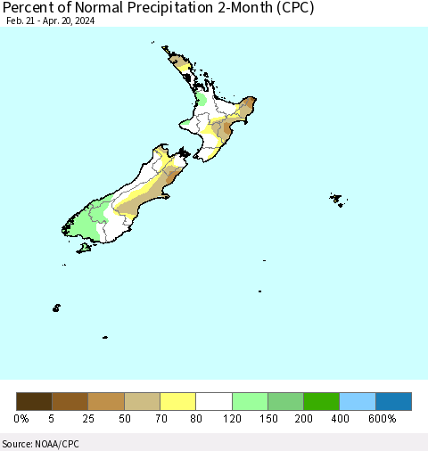 New Zealand Percent of Normal Precipitation 2-Month (CPC) Thematic Map For 2/21/2024 - 4/20/2024