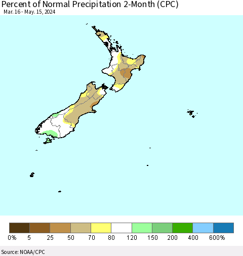 New Zealand Percent of Normal Precipitation 2-Month (CPC) Thematic Map For 3/16/2024 - 5/15/2024
