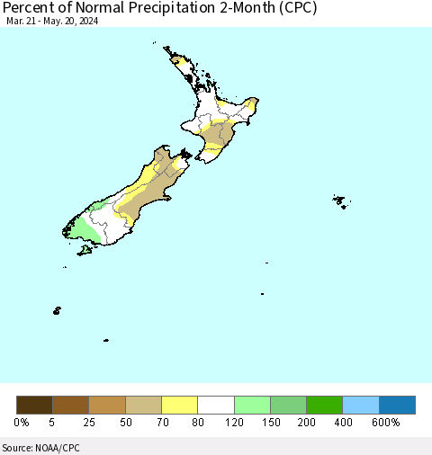 New Zealand Percent of Normal Precipitation 2-Month (CPC) Thematic Map For 3/21/2024 - 5/20/2024