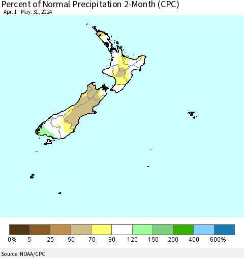 New Zealand Percent of Normal Precipitation 2-Month (CPC) Thematic Map For 4/1/2024 - 5/31/2024