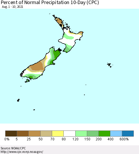 New Zealand Percent of Normal Precipitation 10-Day (CPC) Thematic Map For 8/1/2021 - 8/10/2021