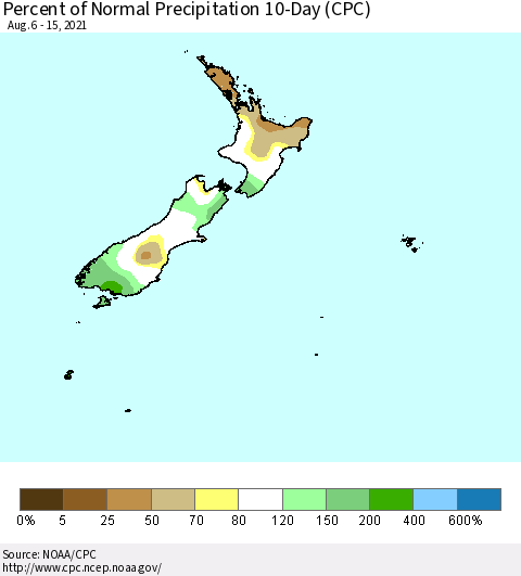New Zealand Percent of Normal Precipitation 10-Day (CPC) Thematic Map For 8/6/2021 - 8/15/2021