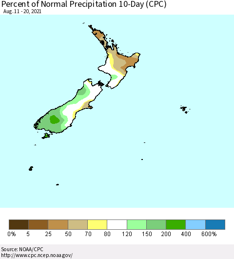 New Zealand Percent of Normal Precipitation 10-Day (CPC) Thematic Map For 8/11/2021 - 8/20/2021