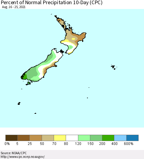 New Zealand Percent of Normal Precipitation 10-Day (CPC) Thematic Map For 8/16/2021 - 8/25/2021