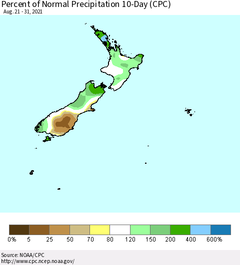 New Zealand Percent of Normal Precipitation 10-Day (CPC) Thematic Map For 8/21/2021 - 8/31/2021
