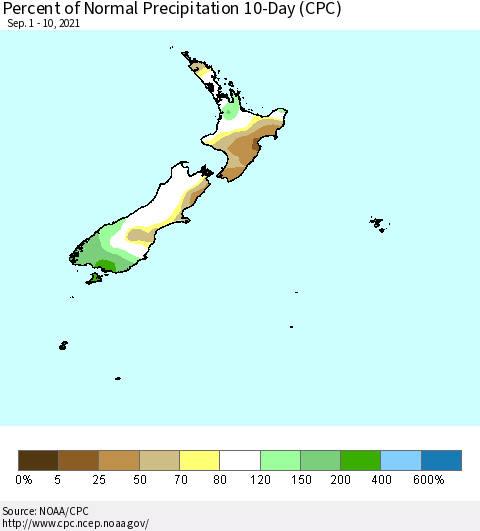 New Zealand Percent of Normal Precipitation 10-Day (CPC) Thematic Map For 9/1/2021 - 9/10/2021