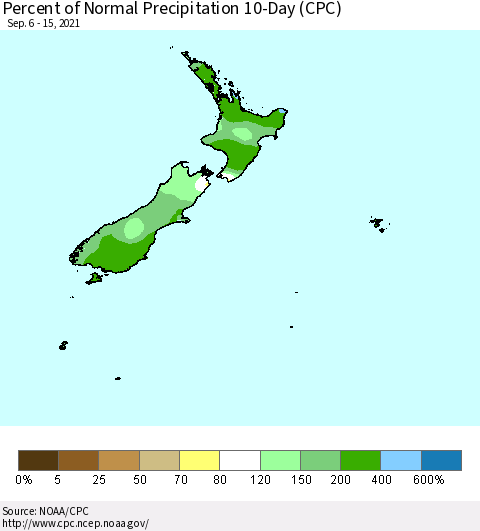 New Zealand Percent of Normal Precipitation 10-Day (CPC) Thematic Map For 9/6/2021 - 9/15/2021