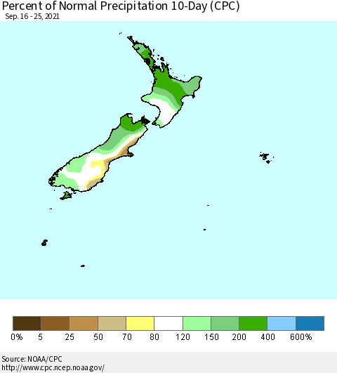 New Zealand Percent of Normal Precipitation 10-Day (CPC) Thematic Map For 9/16/2021 - 9/25/2021