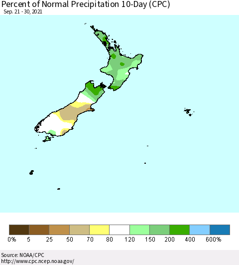 New Zealand Percent of Normal Precipitation 10-Day (CPC) Thematic Map For 9/21/2021 - 9/30/2021