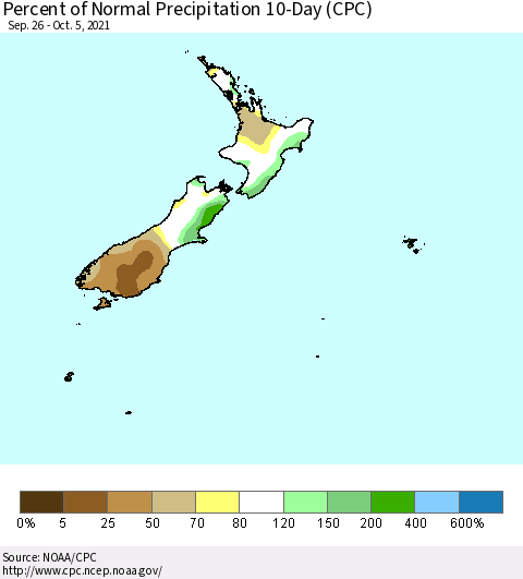 New Zealand Percent of Normal Precipitation 10-Day (CPC) Thematic Map For 9/26/2021 - 10/5/2021
