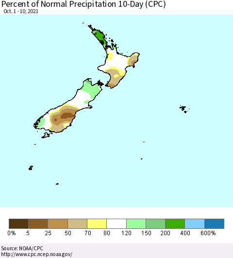 New Zealand Percent of Normal Precipitation 10-Day (CPC) Thematic Map For 10/1/2021 - 10/10/2021
