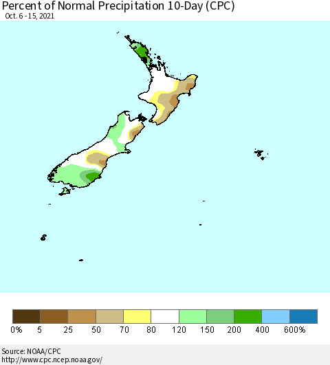 New Zealand Percent of Normal Precipitation 10-Day (CPC) Thematic Map For 10/6/2021 - 10/15/2021