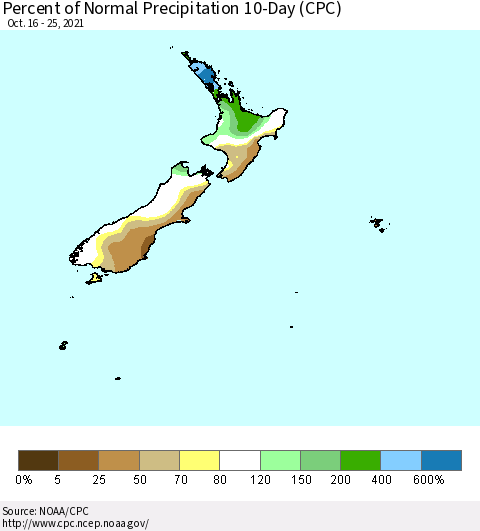 New Zealand Percent of Normal Precipitation 10-Day (CPC) Thematic Map For 10/16/2021 - 10/25/2021