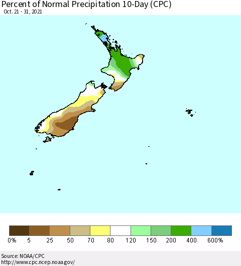 New Zealand Percent of Normal Precipitation 10-Day (CPC) Thematic Map For 10/21/2021 - 10/31/2021