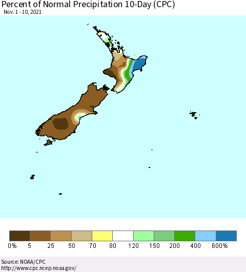 New Zealand Percent of Normal Precipitation 10-Day (CPC) Thematic Map For 11/1/2021 - 11/10/2021