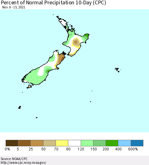 New Zealand Percent of Normal Precipitation 10-Day (CPC) Thematic Map For 11/6/2021 - 11/15/2021