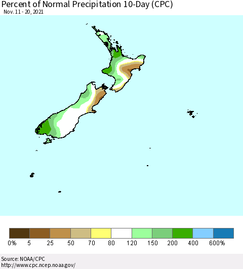 New Zealand Percent of Normal Precipitation 10-Day (CPC) Thematic Map For 11/11/2021 - 11/20/2021