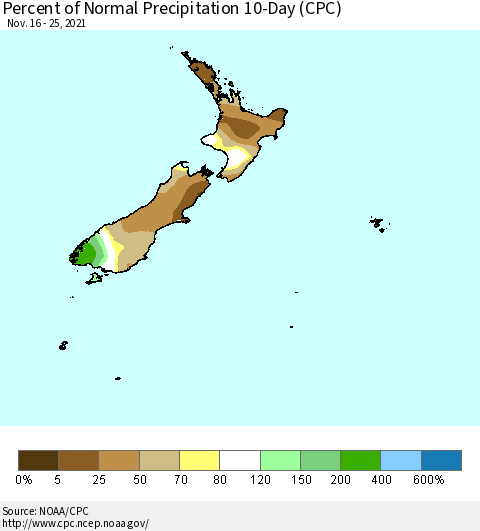 New Zealand Percent of Normal Precipitation 10-Day (CPC) Thematic Map For 11/16/2021 - 11/25/2021
