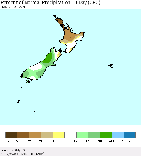New Zealand Percent of Normal Precipitation 10-Day (CPC) Thematic Map For 11/21/2021 - 11/30/2021