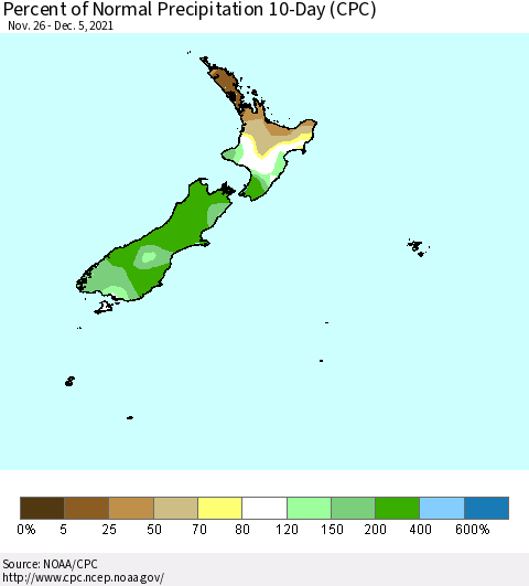 New Zealand Percent of Normal Precipitation 10-Day (CPC) Thematic Map For 11/26/2021 - 12/5/2021