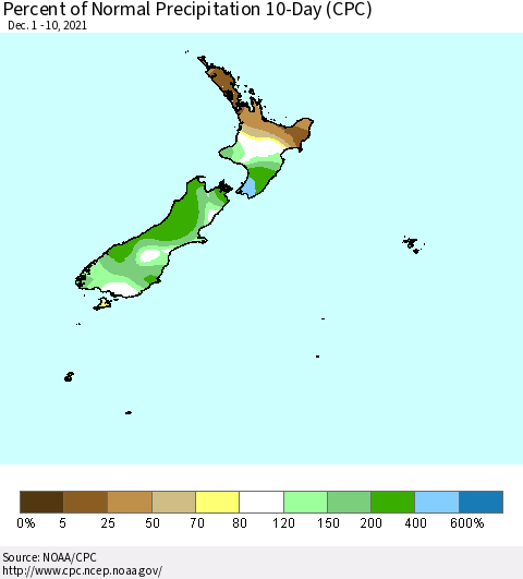 New Zealand Percent of Normal Precipitation 10-Day (CPC) Thematic Map For 12/1/2021 - 12/10/2021