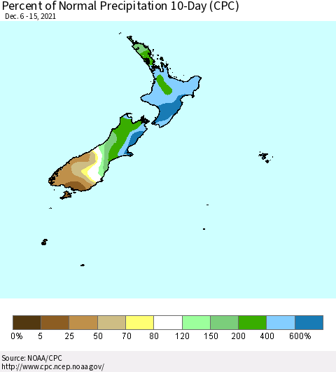 New Zealand Percent of Normal Precipitation 10-Day (CPC) Thematic Map For 12/6/2021 - 12/15/2021
