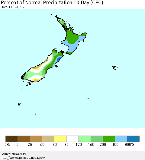 New Zealand Percent of Normal Precipitation 10-Day (CPC) Thematic Map For 12/11/2021 - 12/20/2021
