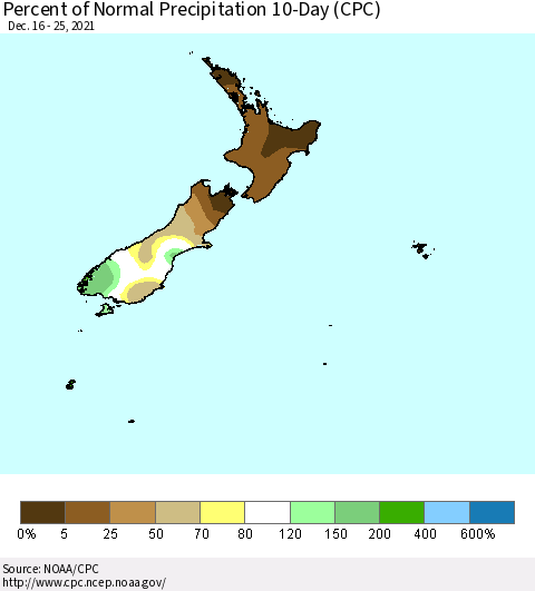 New Zealand Percent of Normal Precipitation 10-Day (CPC) Thematic Map For 12/16/2021 - 12/25/2021