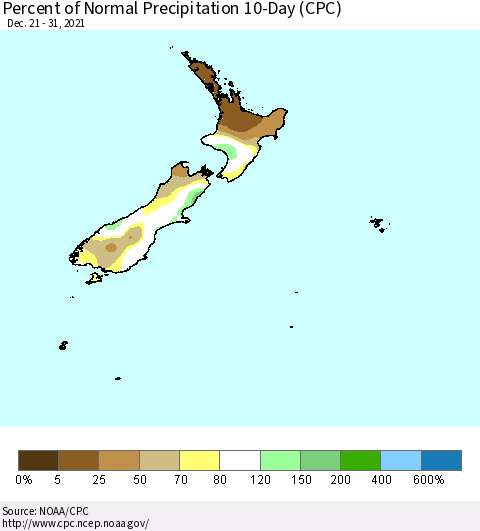 New Zealand Percent of Normal Precipitation 10-Day (CPC) Thematic Map For 12/21/2021 - 12/31/2021