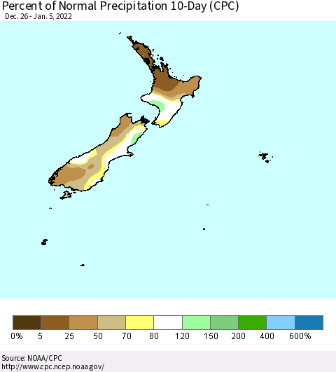 New Zealand Percent of Normal Precipitation 10-Day (CPC) Thematic Map For 12/26/2021 - 1/5/2022