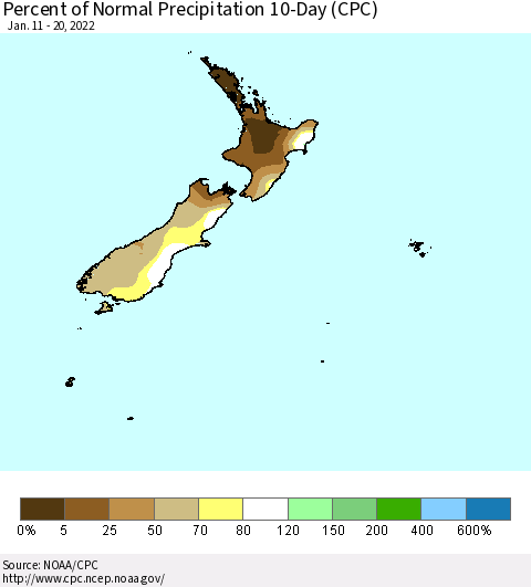 New Zealand Percent of Normal Precipitation 10-Day (CPC) Thematic Map For 1/11/2022 - 1/20/2022