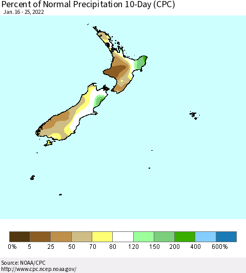 New Zealand Percent of Normal Precipitation 10-Day (CPC) Thematic Map For 1/16/2022 - 1/25/2022