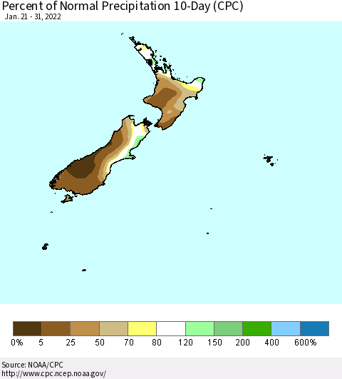 New Zealand Percent of Normal Precipitation 10-Day (CPC) Thematic Map For 1/21/2022 - 1/31/2022