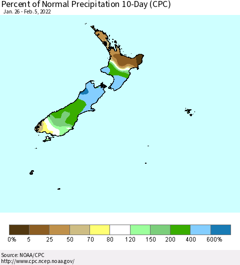 New Zealand Percent of Normal Precipitation 10-Day (CPC) Thematic Map For 1/26/2022 - 2/5/2022
