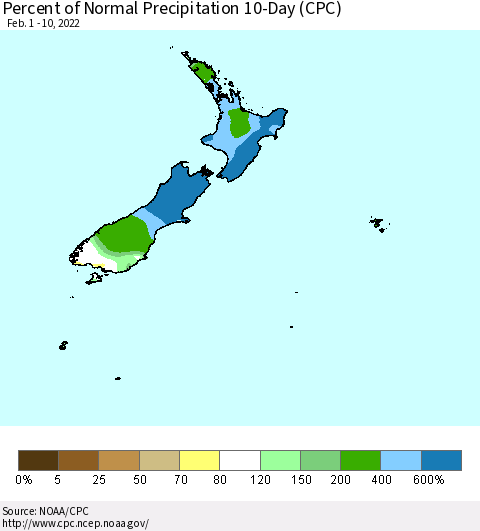 New Zealand Percent of Normal Precipitation 10-Day (CPC) Thematic Map For 2/1/2022 - 2/10/2022