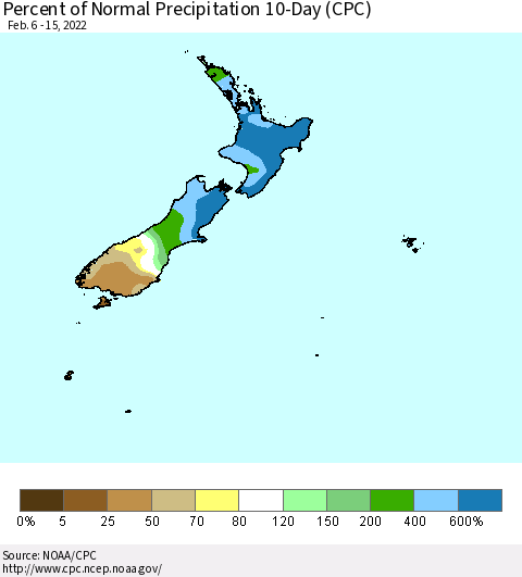 New Zealand Percent of Normal Precipitation 10-Day (CPC) Thematic Map For 2/6/2022 - 2/15/2022
