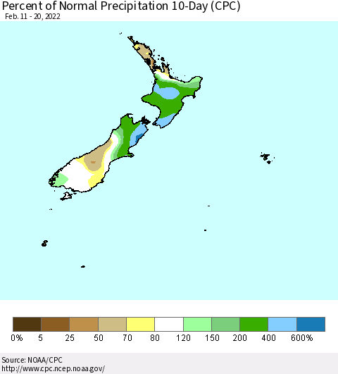 New Zealand Percent of Normal Precipitation 10-Day (CPC) Thematic Map For 2/11/2022 - 2/20/2022
