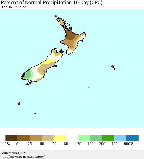 New Zealand Percent of Normal Precipitation 10-Day (CPC) Thematic Map For 2/16/2022 - 2/25/2022