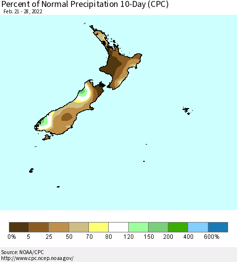 New Zealand Percent of Normal Precipitation 10-Day (CPC) Thematic Map For 2/21/2022 - 2/28/2022