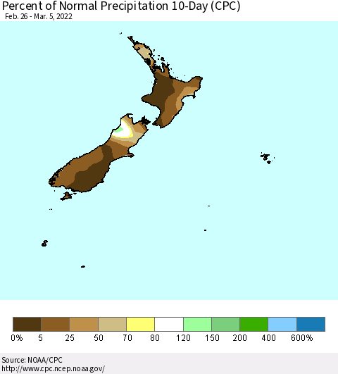 New Zealand Percent of Normal Precipitation 10-Day (CPC) Thematic Map For 2/26/2022 - 3/5/2022