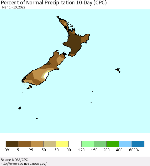 New Zealand Percent of Normal Precipitation 10-Day (CPC) Thematic Map For 3/1/2022 - 3/10/2022