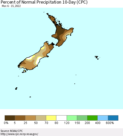 New Zealand Percent of Normal Precipitation 10-Day (CPC) Thematic Map For 3/6/2022 - 3/15/2022
