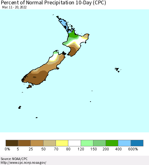 New Zealand Percent of Normal Precipitation 10-Day (CPC) Thematic Map For 3/11/2022 - 3/20/2022