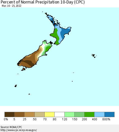 New Zealand Percent of Normal Precipitation 10-Day (CPC) Thematic Map For 3/16/2022 - 3/25/2022