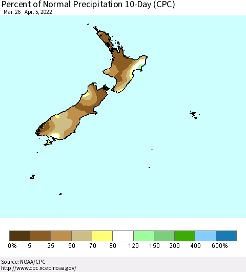 New Zealand Percent of Normal Precipitation 10-Day (CPC) Thematic Map For 3/26/2022 - 4/5/2022